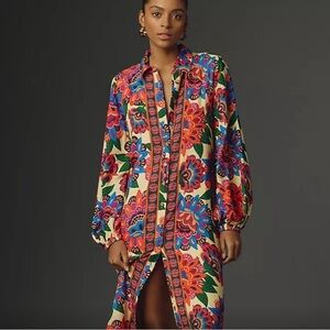 Farm Rio Long-Sleeve Button-Front Midi Dress